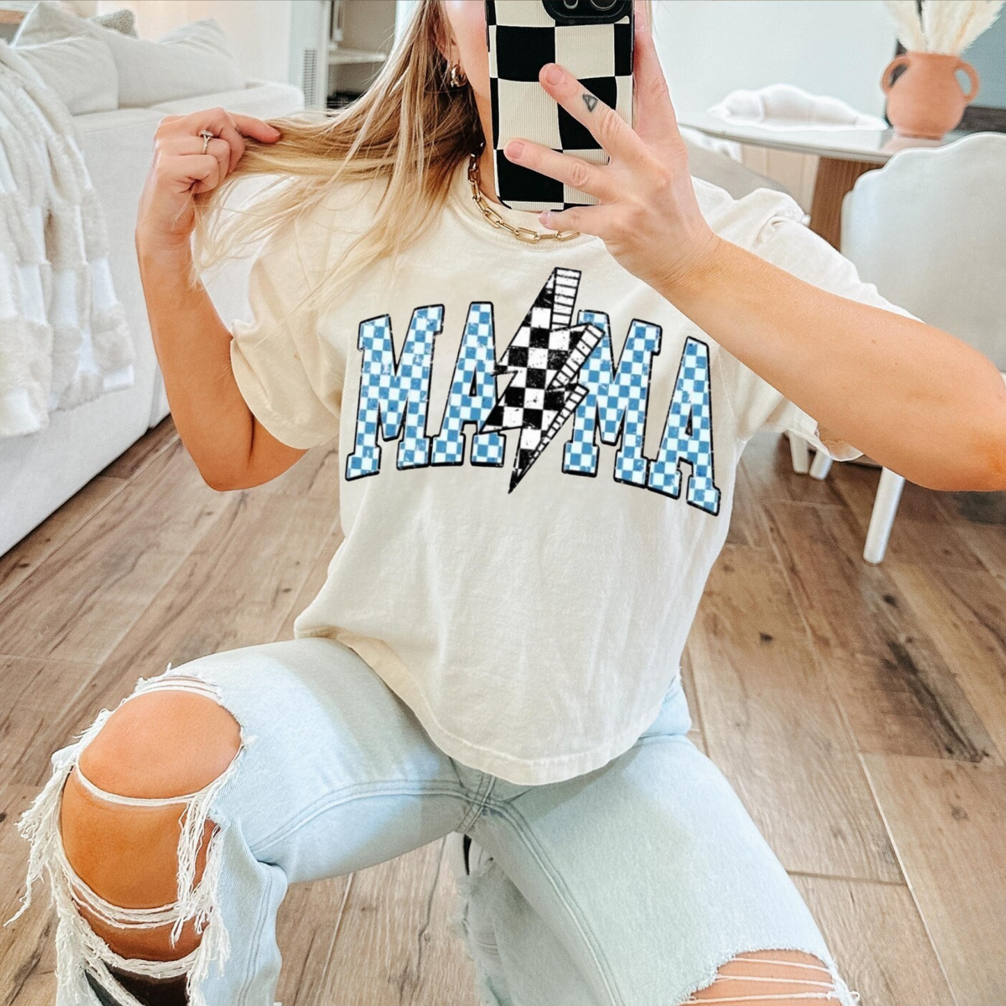 Distressed Mama Checkered Bolt - Glitter Print