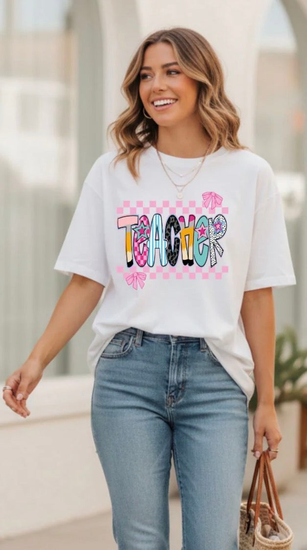 Pink Checkered Teacher - Glitter Print
