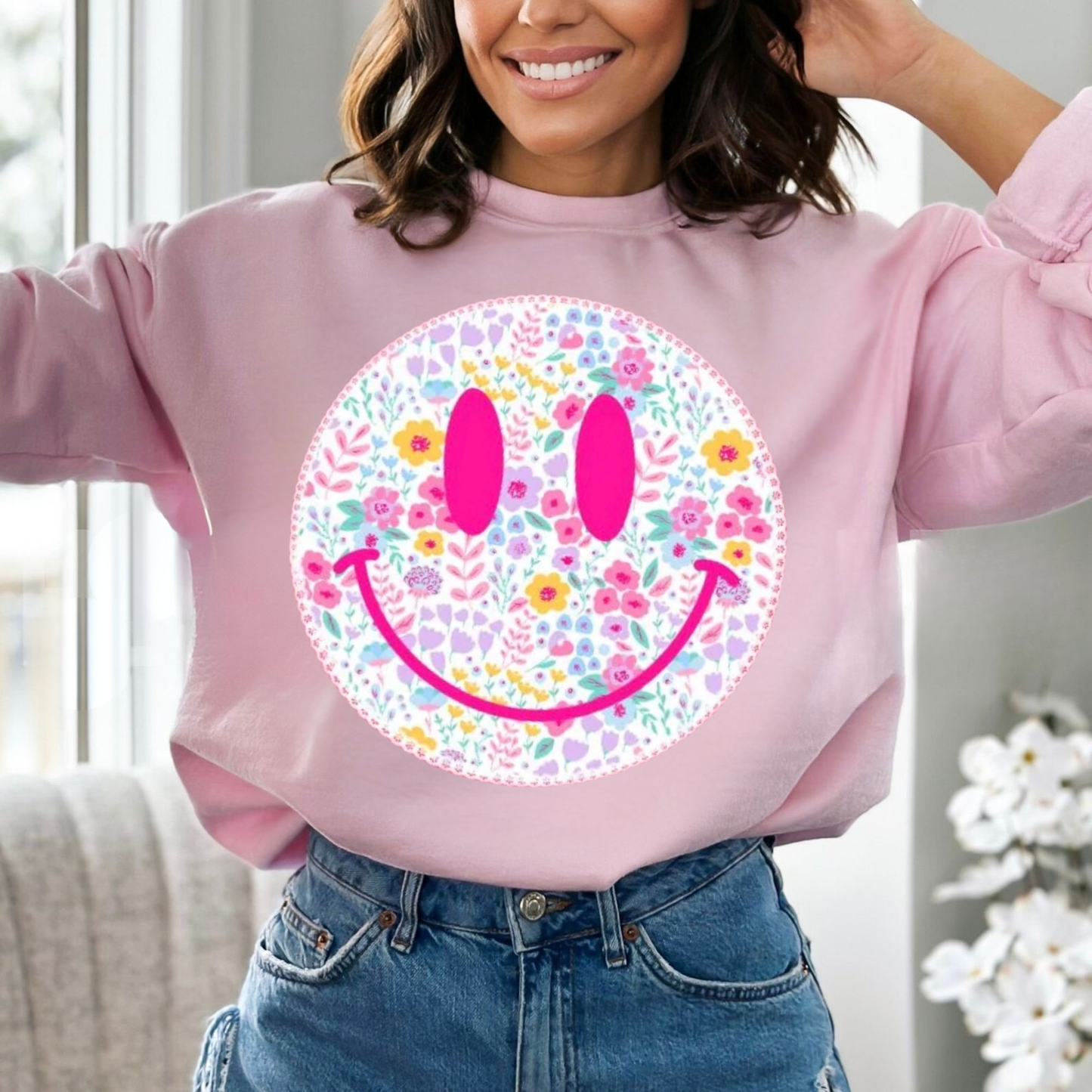 Pink Flower Smiley - Glitter Print