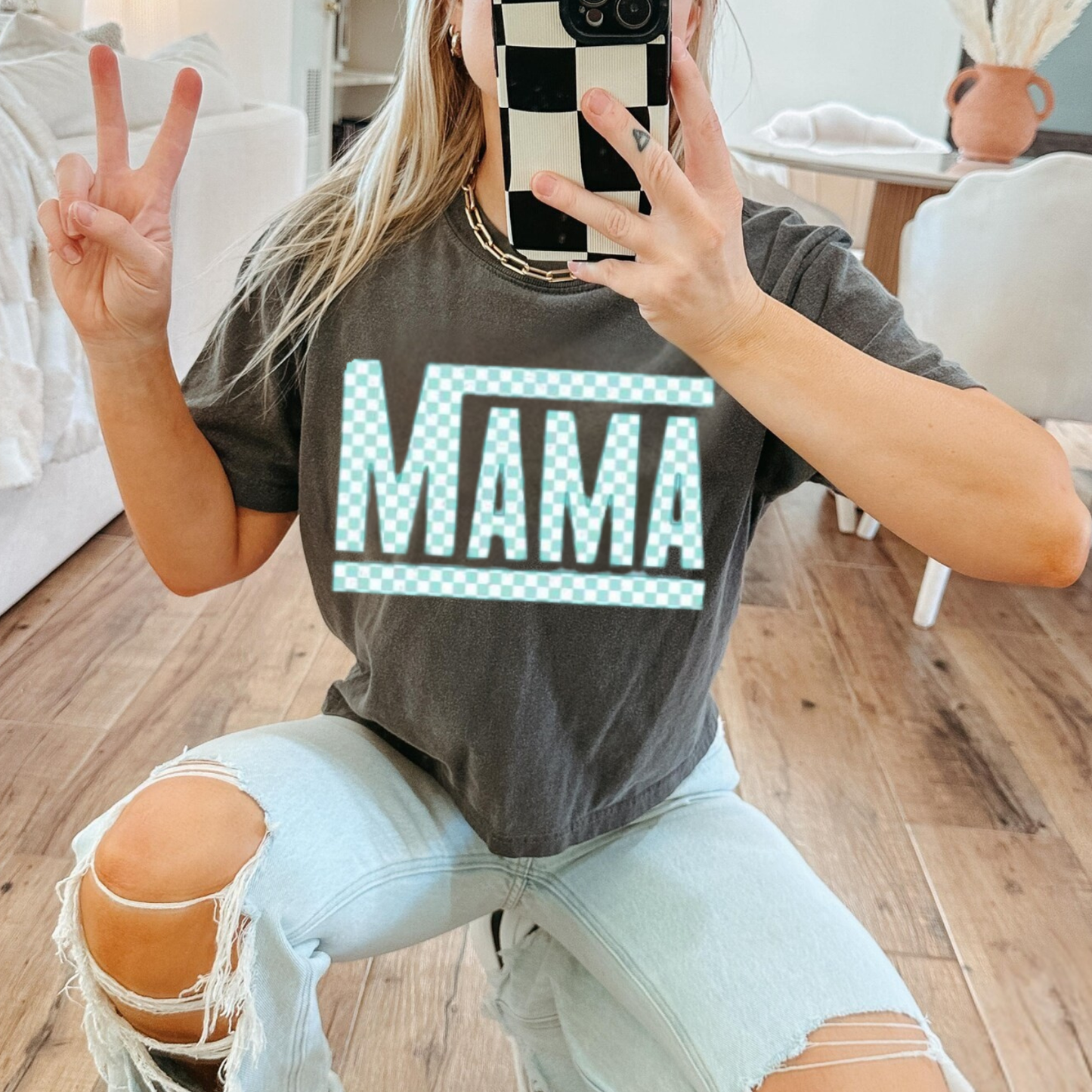 Teal Mama Checkered - Glitter Print